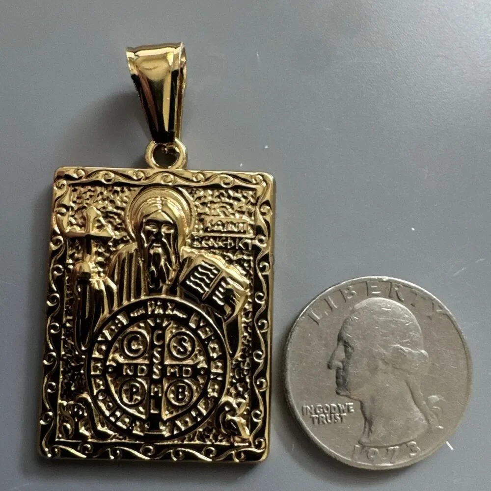 Saint Benedict Gold Tone Pendant Stainless Steel Cross Jesus Orthodox Unisex